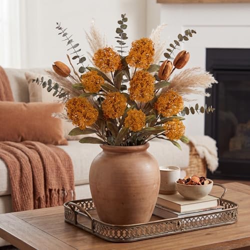 Briful 3PCS Faux Fall Flowers 22.8in Brunt Yellow Skimmia Spray Artificial Flower Branches Fake Fall Skimmia Stems for Autumn Home Vase Floral Arrangement Wedding Party Decor