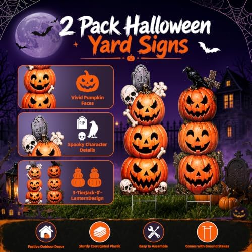 2 Pack Halloween Pumpkin Yard Signs with Stakes for Outdoor Decor