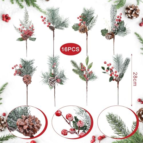 16 Pcs Artificial Christmas Pine Cones Picks, Stylish Snowy Style