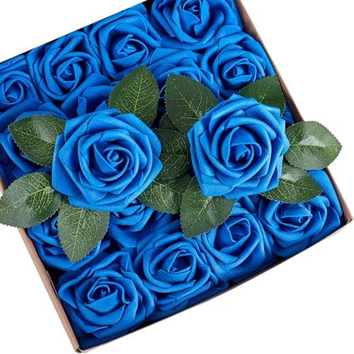 16 Pcs Artificial Flowers, Blue Fake Roses with Stems