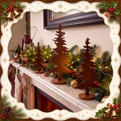 Shimeyao 3 Pcs Metal Pine Tree Decor, Rusty Christmas Decor with Wood Base
