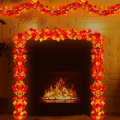 9FT Plug in Fall Garland with Lights 50 Orange Bulbs Connectable Garlands