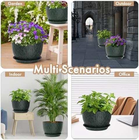 WSMKSZ 12 Inch Wide Water Ripples Flower Pots for Indoor or Outdoor Plants, Large Plant Pots with Drainage Holes & Saucer, Plastic Planters Set for Garden & Home Decor (Black with Green Speckles)