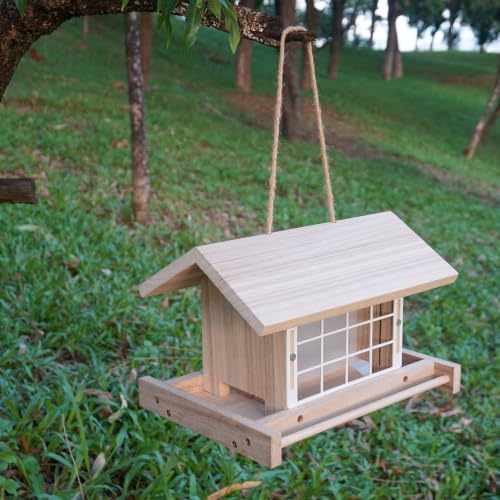 Hanging Wooden Bird Feeder with Suet Cage Fat Ball Holder for Wild Bird