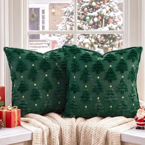Softalker Christmas Pillow Covers 20x20 Set of 2, Green Xmas Tree Decor