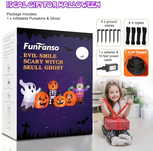 8 ft Halloween Inflatable Pumpkin Outdoor Decoration, Large Blow Up Witch, Ghost & Skeleton Decoration with Built-in LED Lights & Powerful Air Blower for Halloween Party Garden Yard Indoor Decor