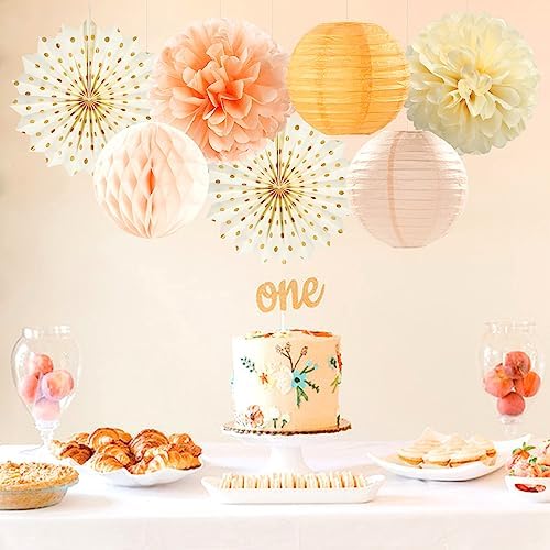 Beige-Orange Peach Fall Party-Decorations Paper-Lanterns- 14pcs Autumn Thanksgiving Harvest Birthday Boho Streamers Fan,Tissue Pom Poms, Baby Bridal Shower Wedding Engagement Decor Lasting Surprise