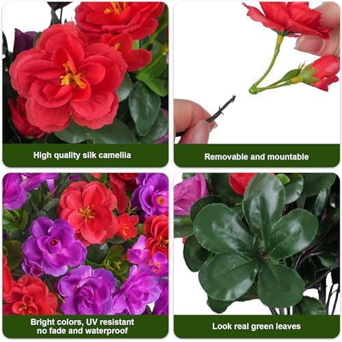Artificial Fake Outdoor Flowers Plants, Faux Silk Camellia Bundles UV Resistant No Fade Realistic for Planter Pot Outside Porch Patio Balcony Garden Yard Home Decor, 3 Large Bundles (Red + Fuchsia)