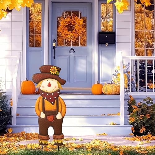 TERESA'S COLLECTIONS Fall Outdoor Decor,Scarecrow for Garden Decorations Metal Stakes,Thanksgiving Decorations,Brown Harvest Yard Signs for Lawn Patio,24"