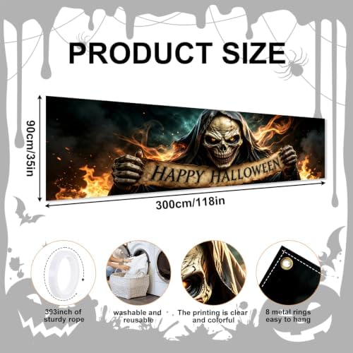 118"x35" Extra Large Happy Halloween Banner Big Spooky Halloween Backdrop for Giant Outdoor Yard Easy Hang with Ropes&Grommets–Perfect for Fence, Porch, Garden, Haunted House Party Signs (Fiery Skeleton, 118"x35")