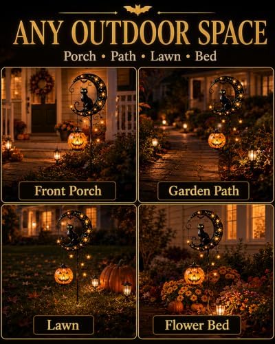 Halloween Garden Decorations Solar Cat Garden Lights Stake Outdoor Lantern Pumpkin Moon Yard Black Cat Waterproof Night Decor Holiday Jack Star LED Pathway Lawn Porch (C)