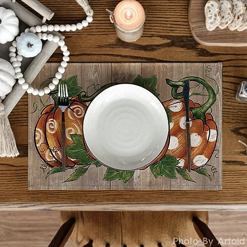 Artoid Mode Polka Dot Pumpkins Vine Thanksgiving Placemats Set of 4, 12x18 Inch Seasonal Fall Table Mats for Party Kitchen Dining Decoration