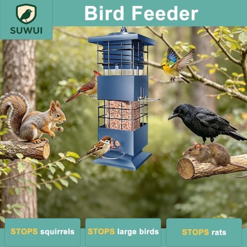 Squirrel Proof Bird Feeder, 3.5Lbs Metal Wild Bird Feeders Anti Squirrel with 4 Feeding Ports for Garden Bird Feeding Station Outdoors Hanging, Pigeon Resistant, Easy to Clean & Refill （Blue）