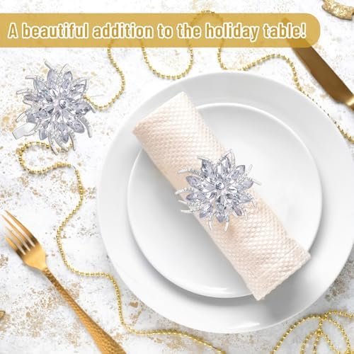 Legigo Set of 12 Christmas Lotus Flower Napkin Rings Set for Dinning Table Setting- Silver Rhinestone Xmas Winter Napkin Ring Holders for Cloth Napkins, Christmas Holiday Party Dinner Table Decoration