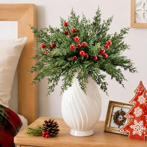 45PCS Artificial Christmas Pine Branches with Red Berry Stems
