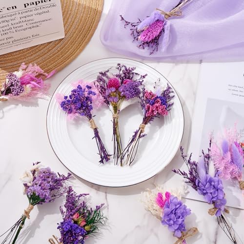 12/24 PCS Charming Dried Flowers Bouquet for Vase Various Dried Wildflowers with Stems Mini Handmade Wildflowers Natural Real Flowers Bulk Flowers Craft (Purple Series, 12 PCS)
