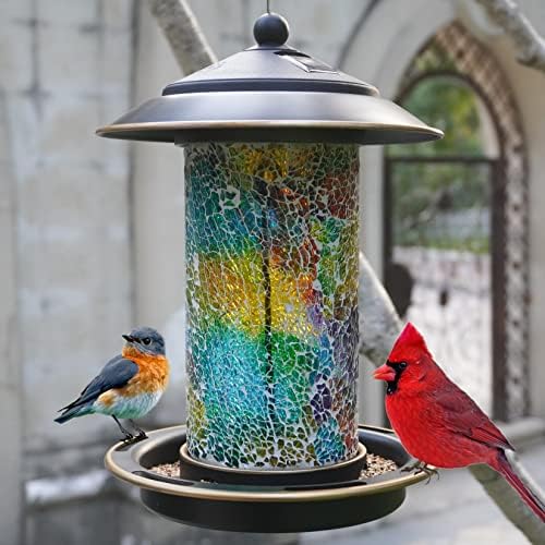 Solar Bird Feeder for Outdoor Hanging Stained Glass, Tesserae