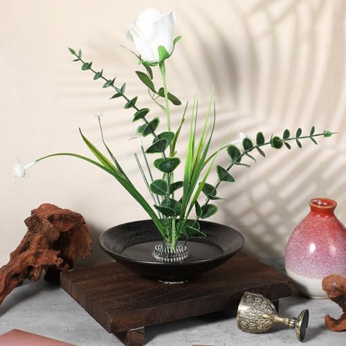 Japanese Ikebana Kit, Ceramic Bowl Vase, Floral Frog Flower Container with Kenzan Needle Straightening Tool, 6.7 Inch & 1.57 Inch Black for Floral Arrangement Art, Home Office Decor