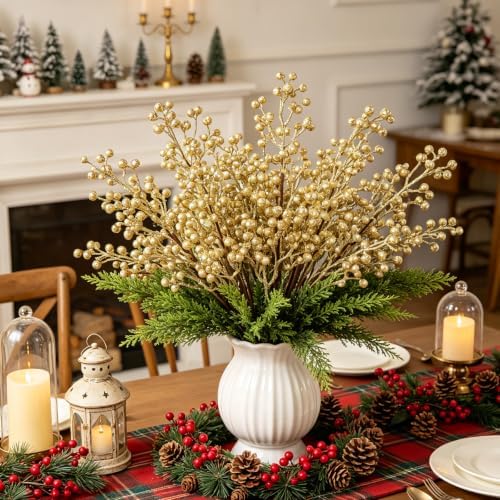 Fangoo Artificial Red Berry Stems, 6 PCS, 19.7 Inch, Burgundy Holly Berry Picks Branches for Christmas Tree, Wedding, Holiday Winter Decor (Gold)