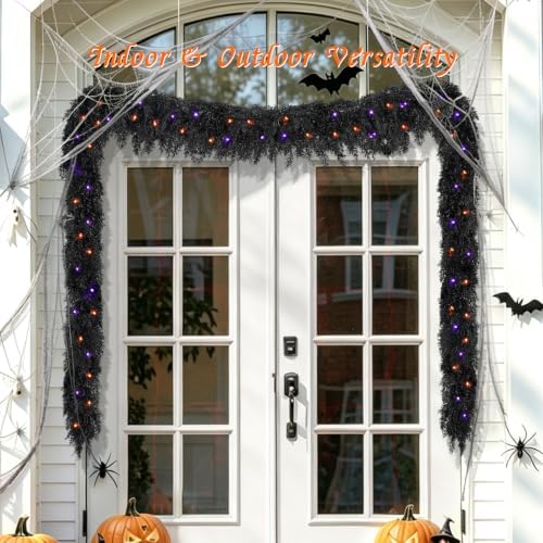 9ft Black Halloween Cedar Garland for Mantle, Soft Touch with Purple Lights