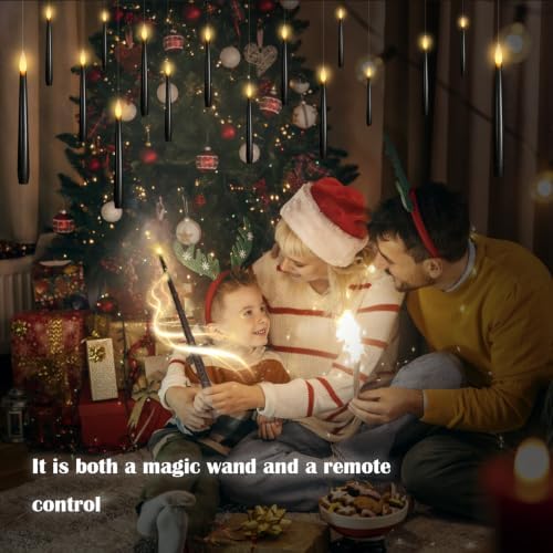 kakoya Flameless Floating Candles with Wand，12 Pcs Magic LED Hanging Taper Candles，Flickering Battery Operated Taper Candle with Wand Remote for Halloween Decorations Best Gift（Black）