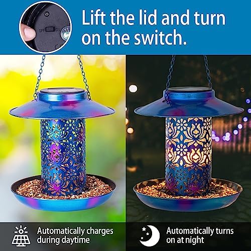 Ottsuls Solar Bird Feeder for Outdoors Hanging, Metal Wild Cardinals Garden Lantern with S Hook, Weatherproof and Water Resistant Birdfeeders as Gift Idea for Women Mom Grandma Bird Lovers (Blue)