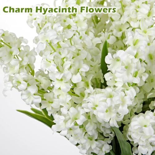 5Pcs Small Artificial Flowers, White Silk Lilac Flowers with Stems Faux Hyacinth Flower for Centerpiece Spring Floral Stems for Vases Fillers Farmhouse Fake Wildflowers for Home Kitchen Wedding Decor