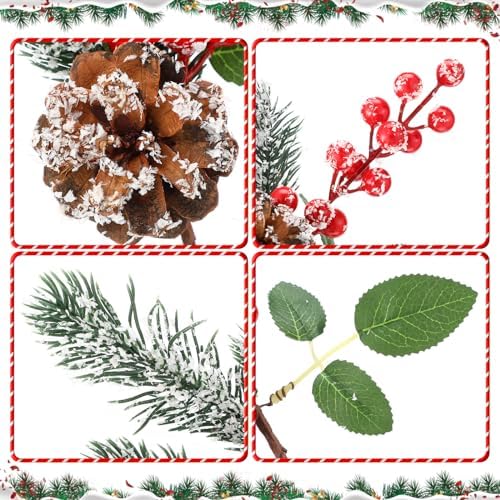 Yuxung 24 Pack Christmas Flower Picks Red Picks Pine Picks Set 11 Inch Pine Snowy Flower Berry Picks Artificial Pine Cones Holly Stem Craft Fake Berry Branches for Christmas Xmas DIY Tree Decor