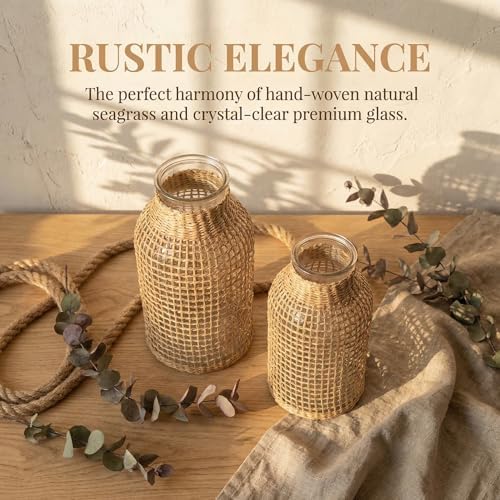 DOITOOL Glass Vase Set with Rattan Cover, Wicker Flower Vase for Home Decor, Boho Decorative Pitcher with Clear Glass Interior, Rustic Farmhouse Table Centerpiece for Floral Arrangements (S+L)