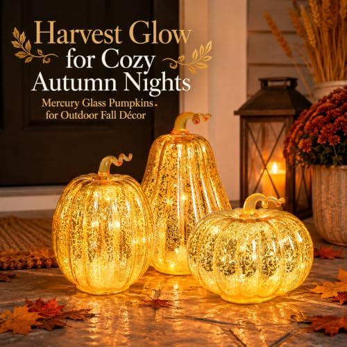 MUMTOP Mercury Glass Pumpkins Lighted 3PCS Halloween Gold Fall Decoration