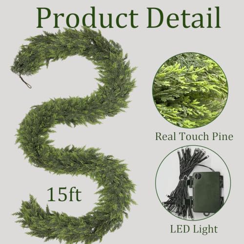 Thewe 15Ft Christmas Cedar Garland with Lights