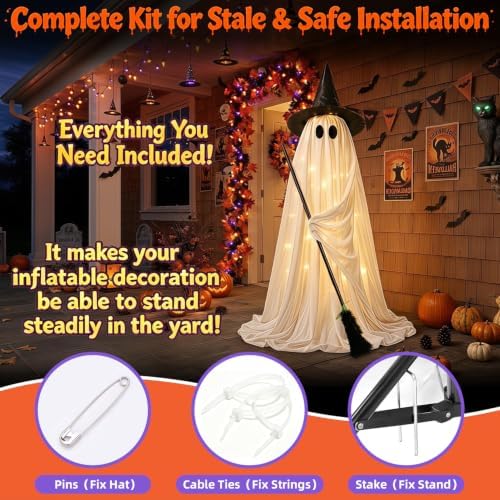Halloween Decorations Outdoor Light Up Ghost, 53IN Witch Hat Broom Porch