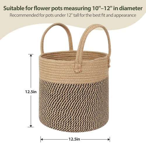 Round Wicker Basket with Handle, 12.5" Woven Jute Plant Basket for 11" Pot, Indoor Boho Artificial Tree Planter, Decorative Flower Pot Cover, Rustic Holder for Plants, Shoe Towel Bin, Black Stripes