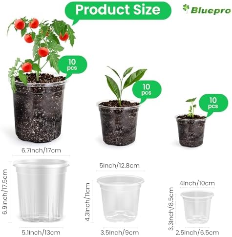 Bluepro Clear Nursery Pots with Drainage Holes, 3.5/4/5 Inch, 36-Pack