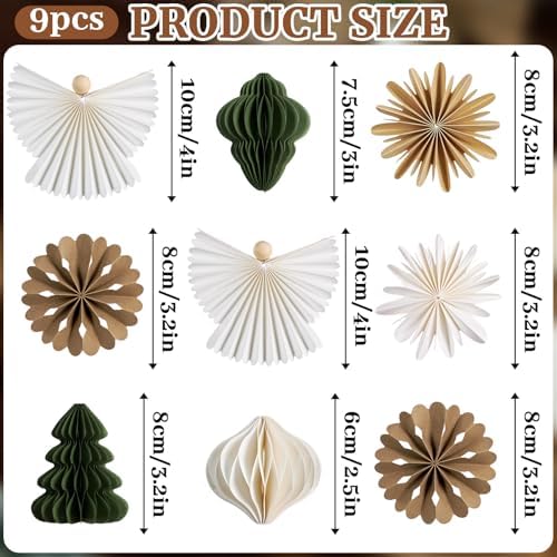 PAPER JAZZ Paper Ornaments for Christmas Tree,Angel Christmas Ornaments with Green Honeycomb Christmas Tree,Gold White Paper Snowflakes Hanging for Christmas Party,New Year,Wedding.