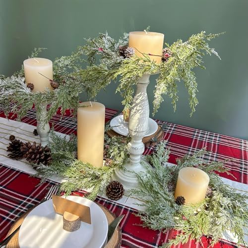 Winlyn 4 Pcs Artificial Snowy Cedar Pine Candle Rings Christmas Candle Holder Rings Wreaths with Pine Cones Red Pip Berries Mini Winter Wreaths 15.7" Wide for Farmhouse Christmas Winter Holiday Décor