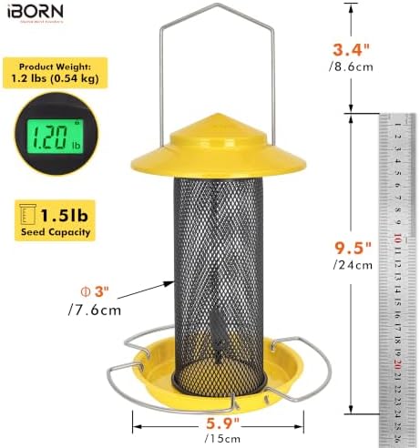 iBorn Tube Bird Feeder for Small Seeds, Wild Bird Feeder with 3 Fold-Down Perches, Detachable Easy-Clean Mesh Design, Locking Base, 1.5L Metal Bird Seed Feeder for Outside, Yellow, Pack of 1