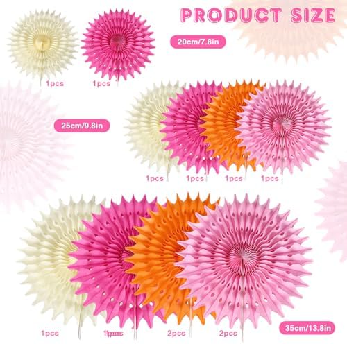 12PCS Paper Fans Hot Pink and Orange Party Decorations Tissue Paper Flowers Decorations for Girl Groovy Birthday Baby Shower Wedding Bachelorette Room Wall Hanging Décor