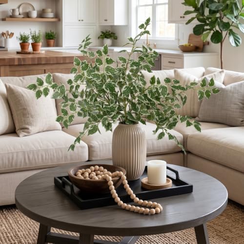 Daynight 12 Pcs Artificial Eucalyptus Leaves Stems, 35″ Long Stem Silk Plum Foliage Branches, Flexible Silk Faux Greenery for Farmhouse, Home, Kitchen and Table Centerpiece DIY Decor (12, Light Green)