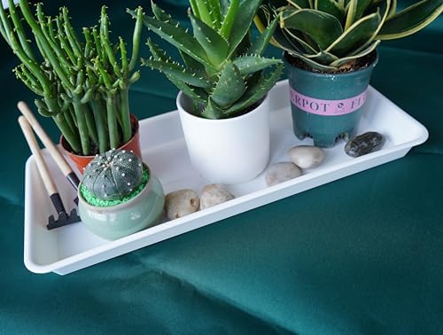 VUWEZ 2 Pack of Plastic Plant Tray Saucer Rectangular 17 18 inch, Pot Trays Saucers for Indoors Outdoor, Plant Water Drip Tray for Flower, Windowsill Planter Trays (7.8 X 17.5'', Cream White)