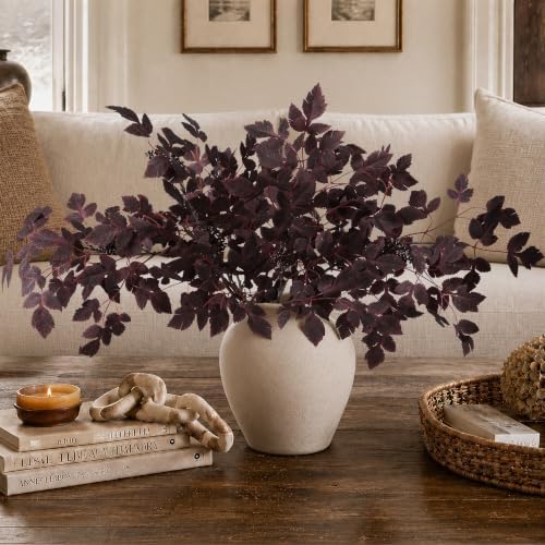 HyeFlora Artificial Cimicifuga Plant Leaf Spray Stems 4PCS Fake Greenery Branches 28.7 in Faux Leaves Real Touch Silk Plants DIY Stem for Vase Festival Home Kitchen Garden Farmhouse Decor (Burgundy)