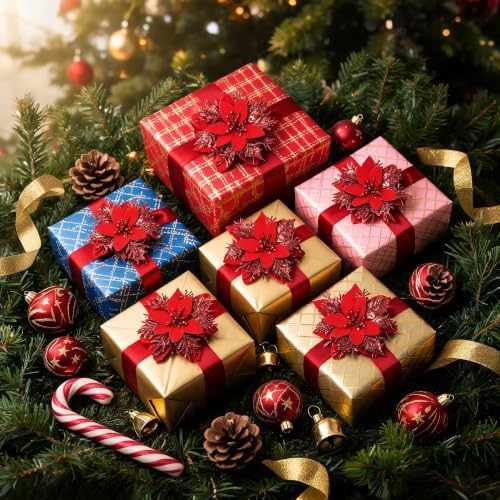 15PCS Artificial Christmas Poinsettia Flowers with Clips and Stems, 5.5 Inch Glitter Red Xmas Tree Decorations, Holiday Poinsettia Picks Ornaments for Christmas Tree, Wreaths, Garlands & Home