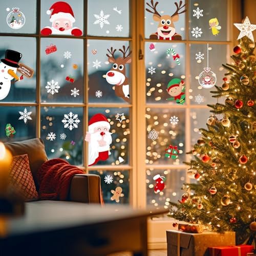 NEWMIAO Christmas Window Cling Stickers for Holiday Decorations, 9 Sheets Christmas Window Clings Snowflake Santa Claus Reindeer Snowman Xmas Decals for Glass Home Decor Party Supplies