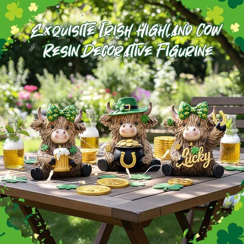 3 Pcs St. Patrick's Day Decor Highland Cow Resin Figurine Bathroom Highland Cow Gnomes with Shamrock Hat Resin Statue for St. Patrick's Day Garden Table Shelf Home Decor Gifts