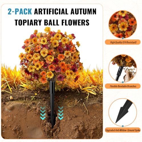 Alupssuc 2Pcs Artificial Fall Topiary Ball Flowers for Outdoors, Fake Plant