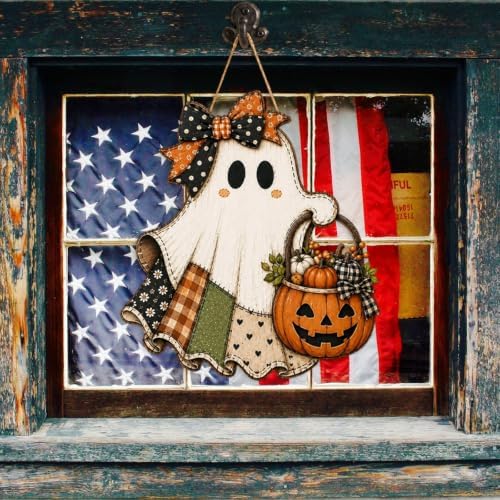 Cute Bow Ghost Door Sign Wooden Halloween Door Hanger Pumpkin Porch Decor