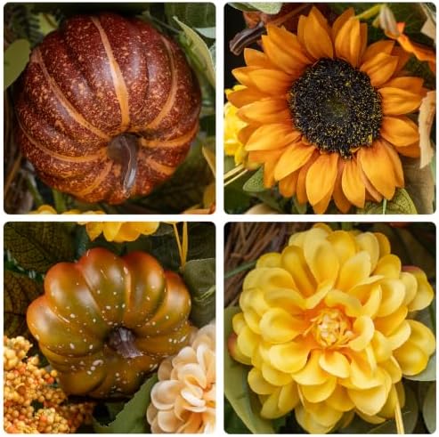 24 Inch Fall Wreaths for Front Door Outside with Sunflowers,Pumpkins,Leaves