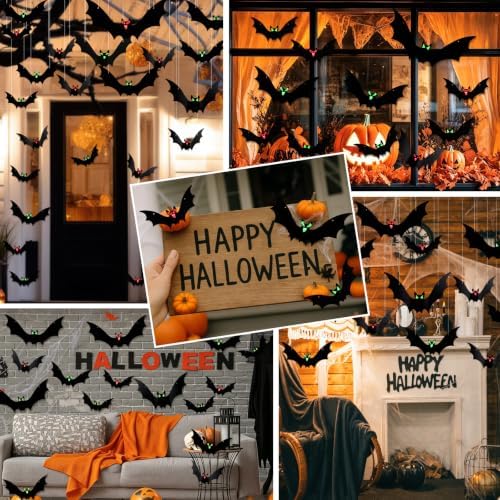 NEBURORA 16 Pcs Halloween Hanging Bat Decorations with Glowing Eyes Outdoor