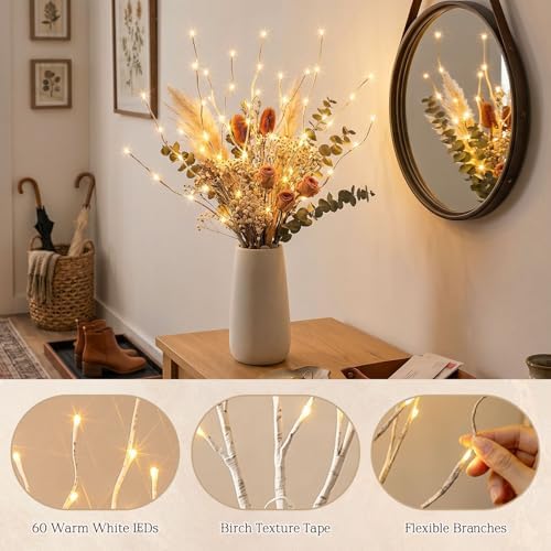 Vanthylit 3PK 30'' Lighted Birch Twig Branches with 60 LED Warm White Bulbs Waterproof Adapter in for Outdoor and Indoor Decor
