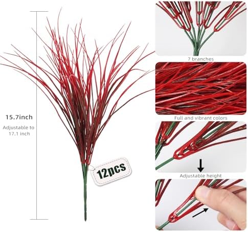 RECUTMS 12Pcs Artificial Shrubs Bushes Red Plastic Wheat Grass Fake Plants